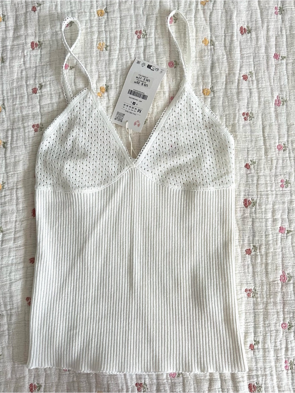 Zara Ivory Ribbed Eyelet-Trim Camisole